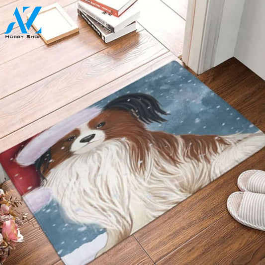 Christmas Holiday Papillion Dog Wearing Santa Hat Doormat Welcome Mat Housewarming Home Decor Gift For Dog Lovers Funny Doormat Gift Idea