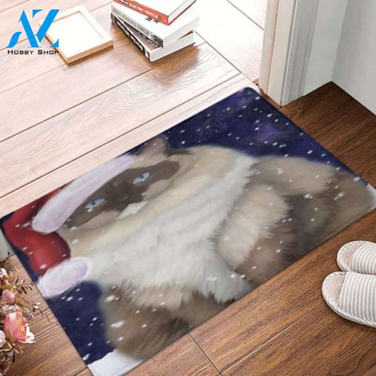 Christmas Holiday Ragdoll Cat Wearing Santa Hat Doormat Welcome Mat Housewarming Home Decor Gift For Cat Lovers Funny Doormat Gift Idea