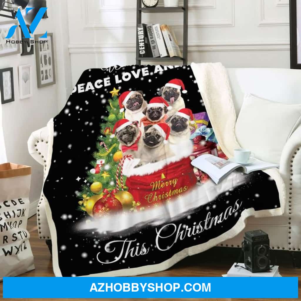 Christmas Line Pug Fleece Blanket, Wishing you Peace Love And Joy, Pug lovers, Gift For Family & Friends Gift Home Decor Bedding Couch Sofa Soft And Comfy Cozy