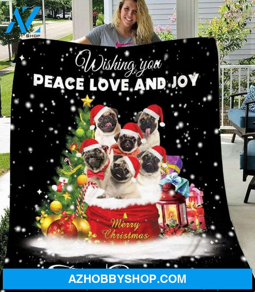 Christmas Line Pug Fleece Blanket, Wishing you Peace Love And Joy, Pug lovers, Gift For Family & Friends Gift Home Decor Bedding Couch Sofa Soft And Comfy Cozy