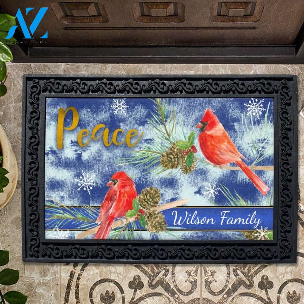Christmas Peace Cardinals Blue Personalized Doormat - 18" x 30"
