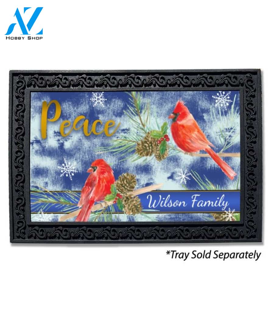 Christmas Peace Cardinals Blue Personalized Doormat - 18" x 30"