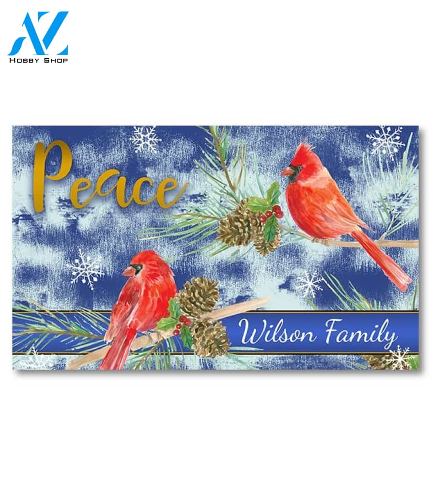 Christmas Peace Cardinals Blue Personalized Doormat - 18" x 30"
