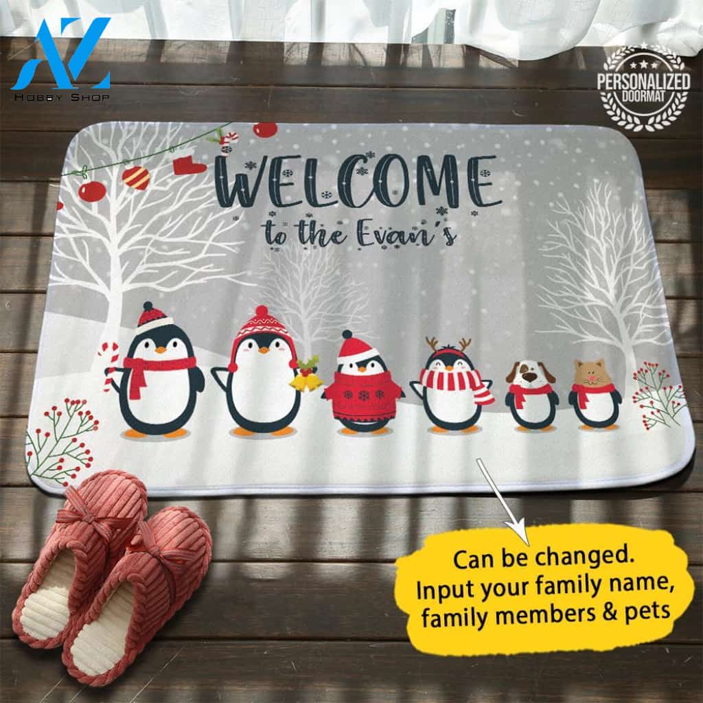 Christmas Penguin Personalized Doormat