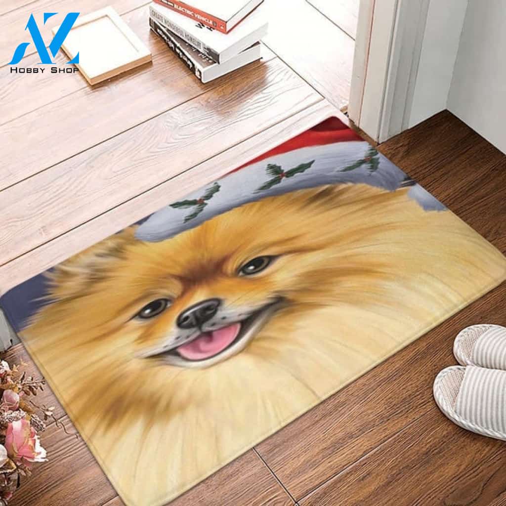 Christmas Pomeranians Dog Holiday Portrait With Santa Hat Indoor And Outdoor Mat Entrance Rug Sweet Home Decor Housewarming Gift For Dog Loves, Friend, Family