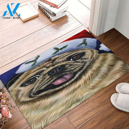 Christmas Pug Dog Holiday Portrait With Santa Hat Indoor And Outdoor Mat Entrance Rug Sweet Home Decor Housewarming, Gift For Dog Loves, Friend, Family