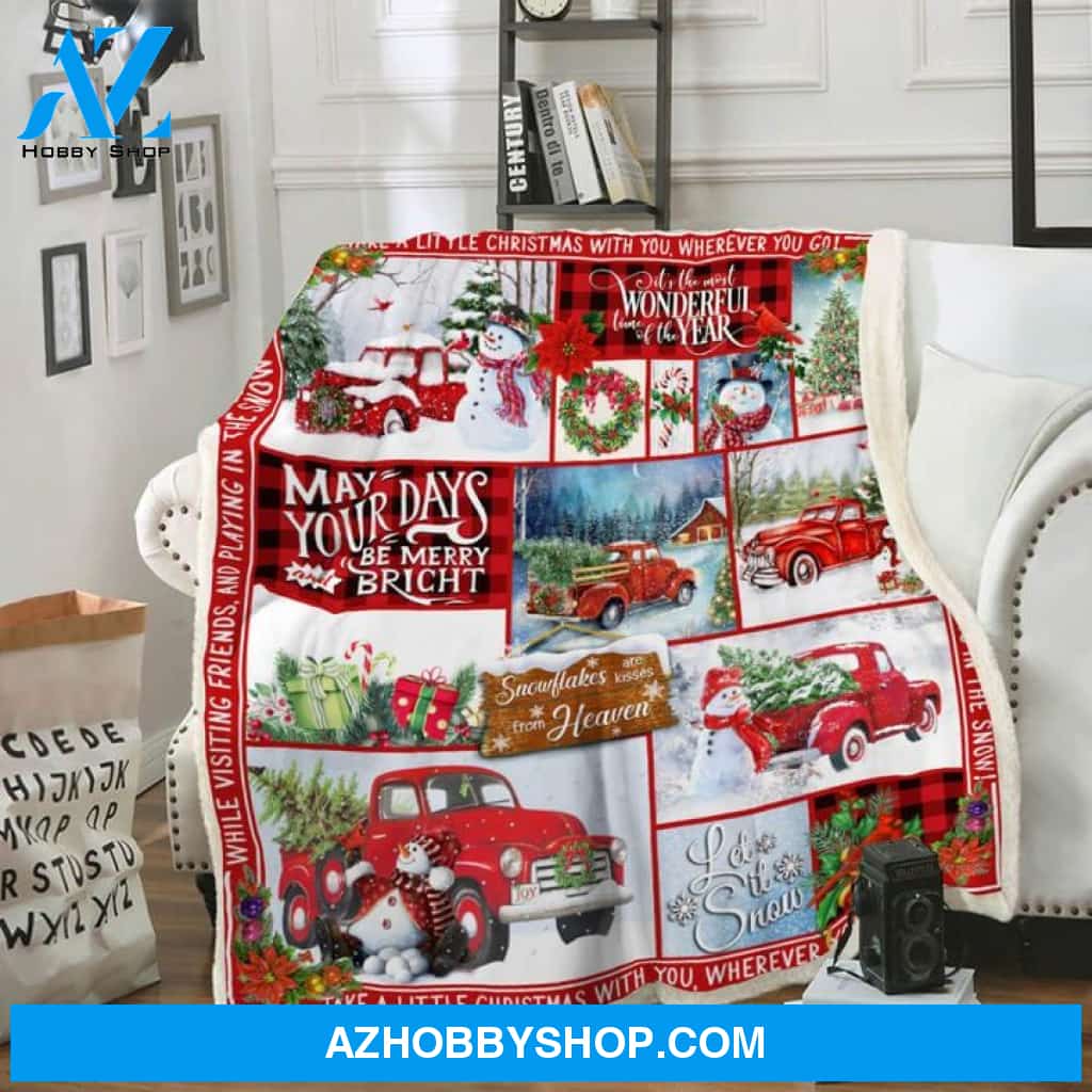 Christmas Red Truck Snowman Let It Snow Fleece Blanket Gift For Family & Friends Gift Home Decor Bedding Couch Sofa Soft And Comfy Cozy