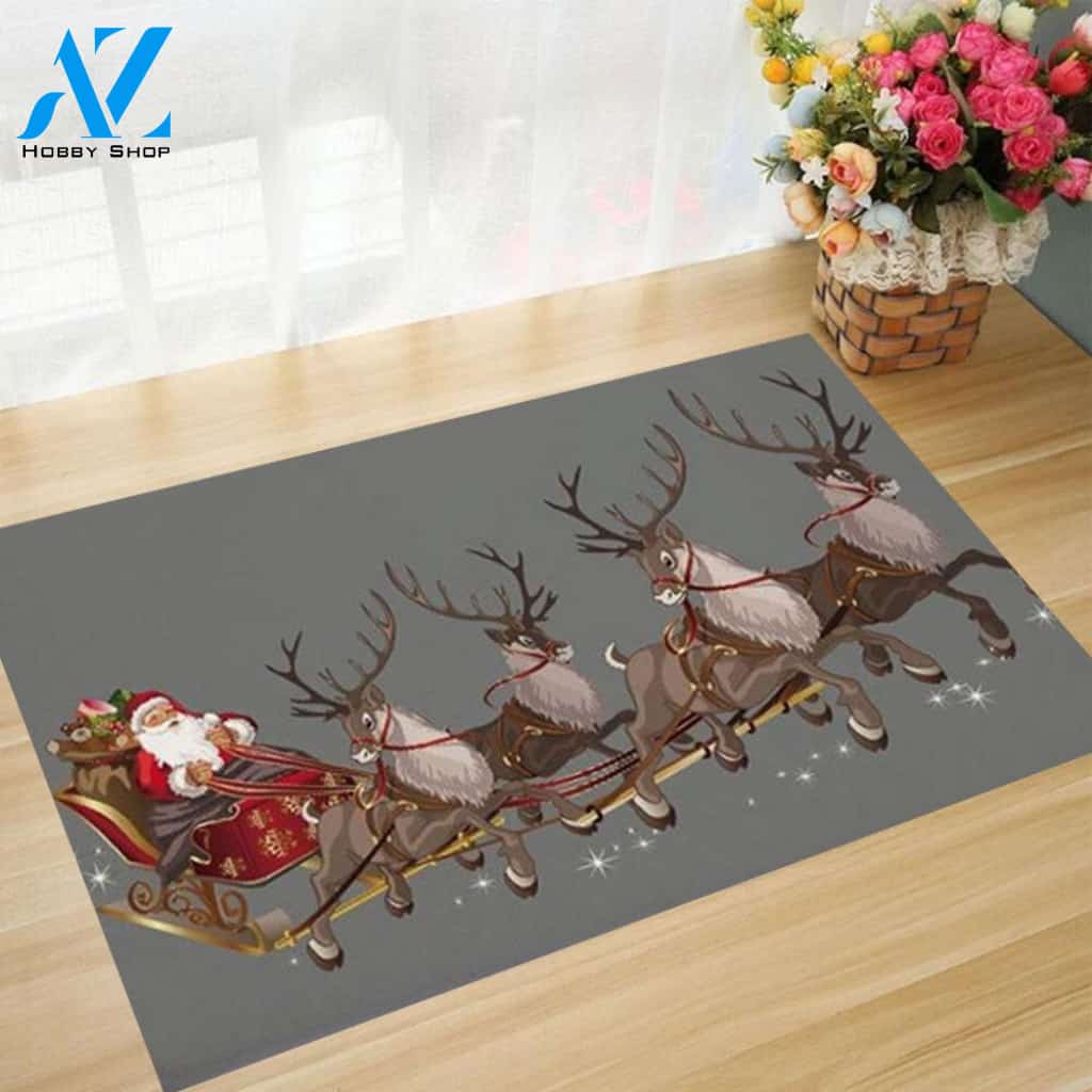 Christmas Santa Claus Rides Reindeer Doormat Welcome Mat Housewarming Home Decor Funny Doormat Gift for Friend