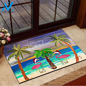 Christmas Santa Flamingo Trim A Tree Beach Doormat, Welcome Mat Housewarming Gift Home Decor Funny Doormat Gift For Family Friend