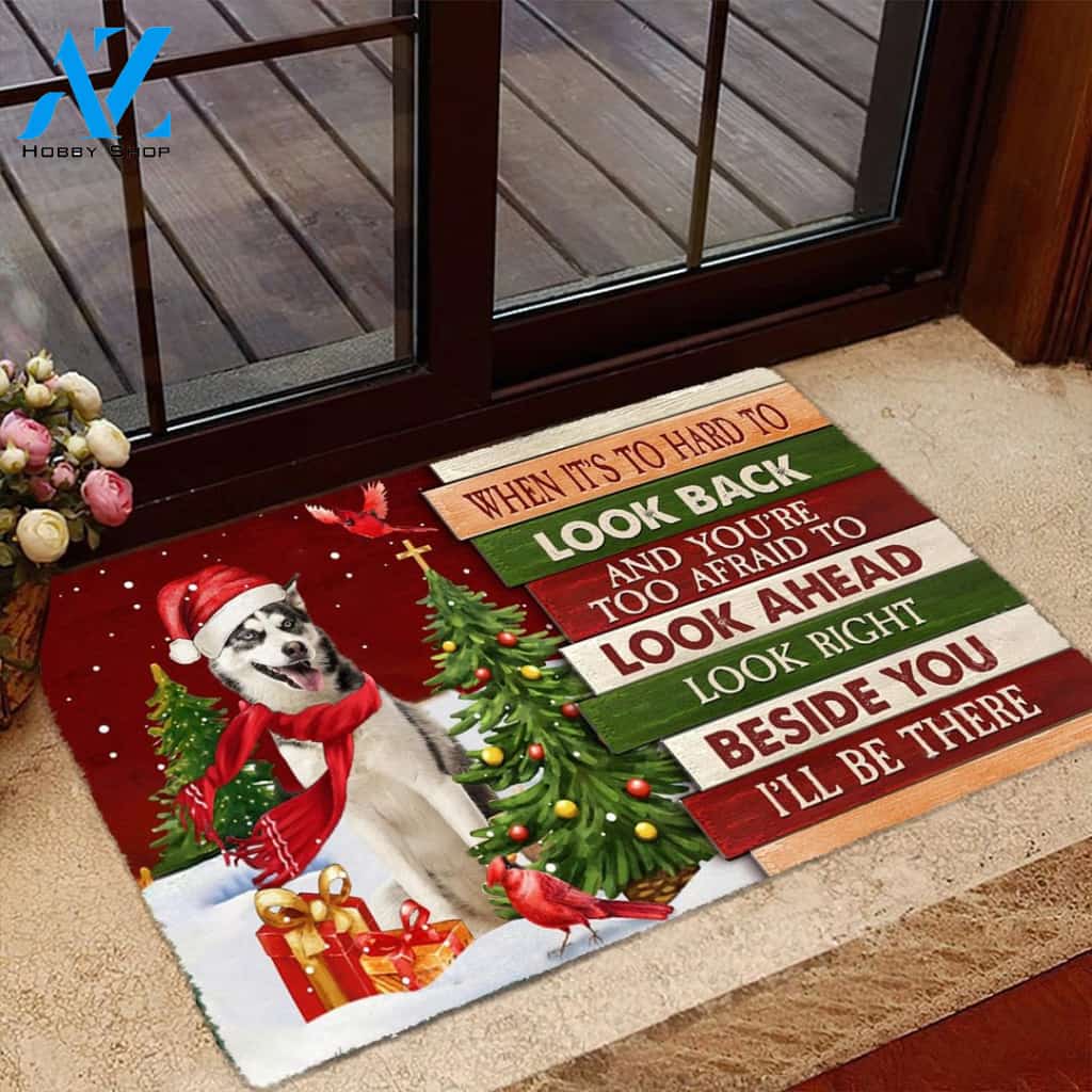 Christmas Siberian Husky 2 Look right beside you Doormat