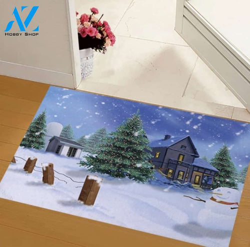 Christmas Snow House With Snowman Indoor and Outdoor Doormat Houswarming Welcome Mat Home Decor, Gift For Friend Family