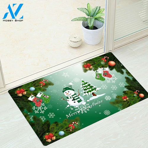 Christmas Tree And Christmas Snowman Green Doormat Welcome Mat Housewarming Home Decor Funny Doormat Gift Idea
