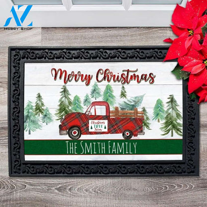 Christmas Tree Red Truck Personalized Doormat - 18" x 30"
