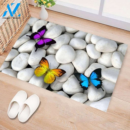 Cobblestone Butterfly Purple, Yellow, Blue Color Pattern Floor Rug Doormat Welcome Mat House Warming Gift Home Decor Gift for Butterfly Lovers Funny Doormat Gift Idea