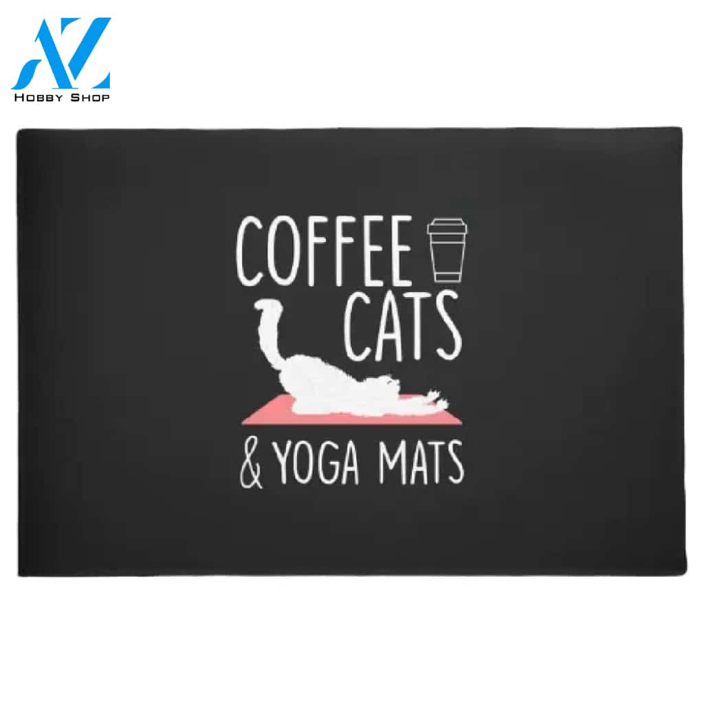 Coffee Cats And Yoga Mats Doormat Welcome Mat House Warming Gift Home Decor Gift for Cat Lovers Funny Doormat Gift Idea