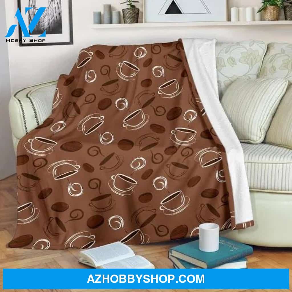 Coffee Cup And Coffe Bean Pattern Throw Sherpa Fleece Blanket