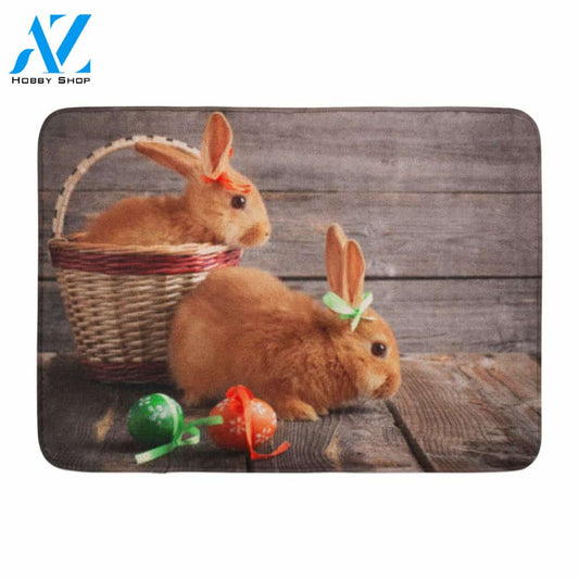 Colorful Green Bunny Rabbits with Easter Eggs on Wooden Beige Cute Orange Animal Rug Doormat Welcome Mat House Warming Gift Home Decor Funny Doormat Gift Idea