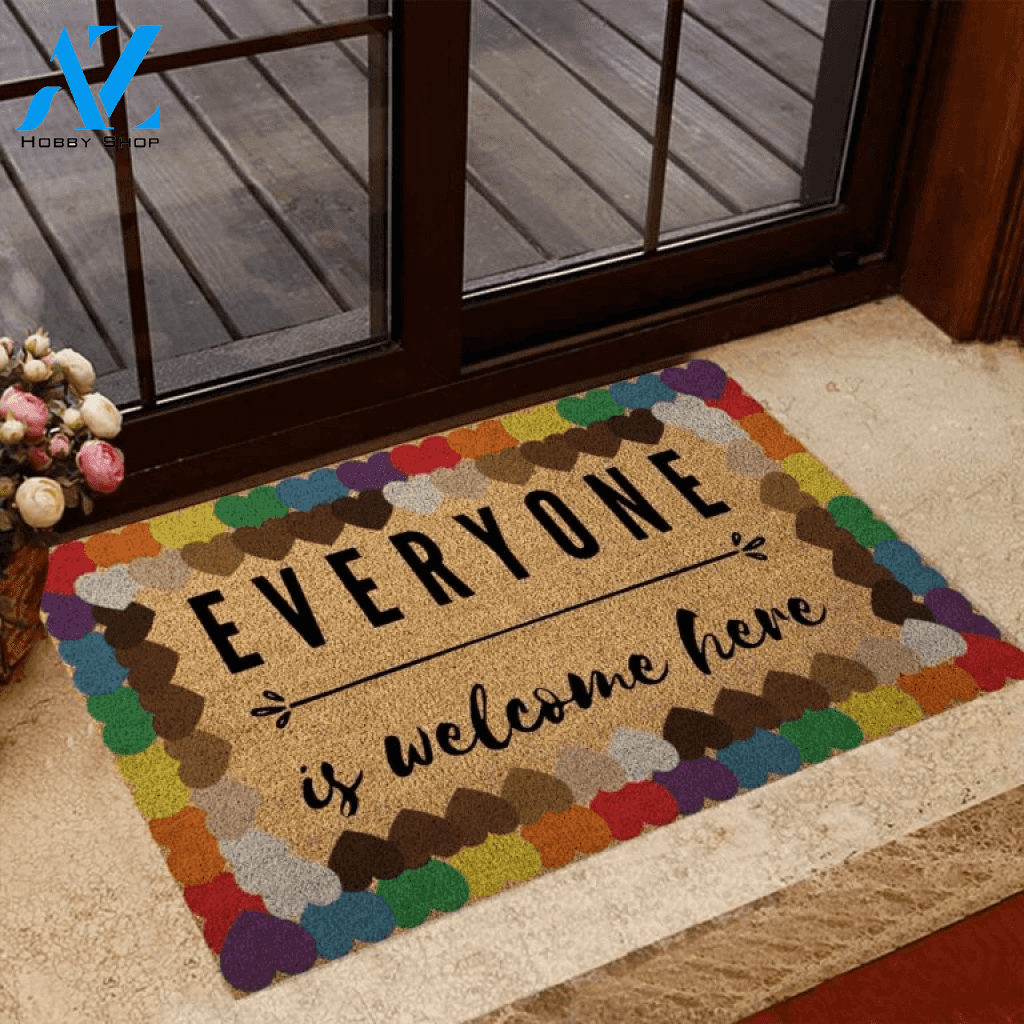 Colorful Hearts Everyone Welcome LGBT Support Coir Pattern Print Doormat | Welcome Mat | House Warming Gift