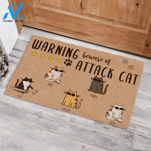 Cool Cat Warning Beware Of Attack Cat Personalized Doormat TV