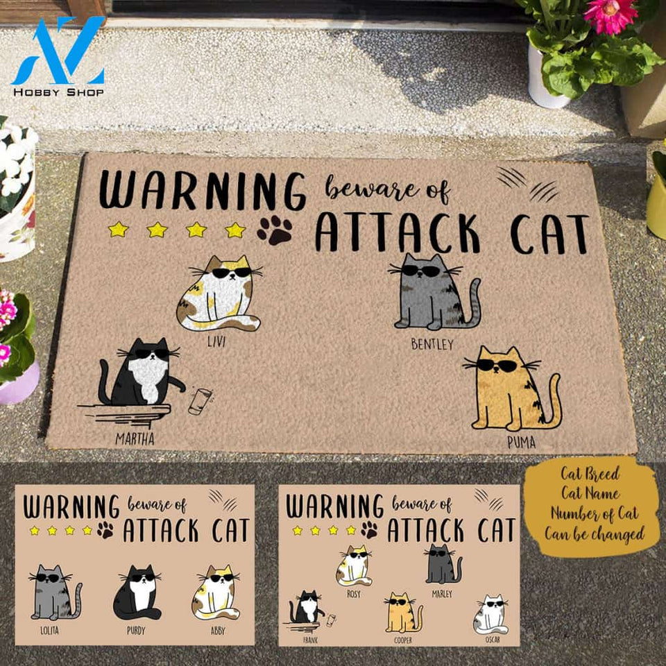 Cool Cat Warning Beware Of Attack Cat Personalized Doormat TV