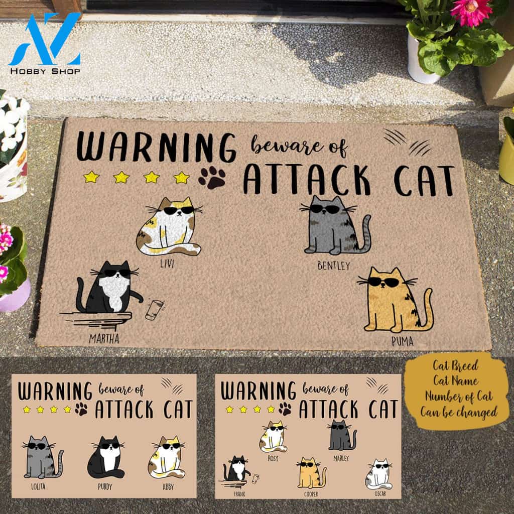 Cool Cat Warning Beware Of Attack Cat Personalized Doormat TV