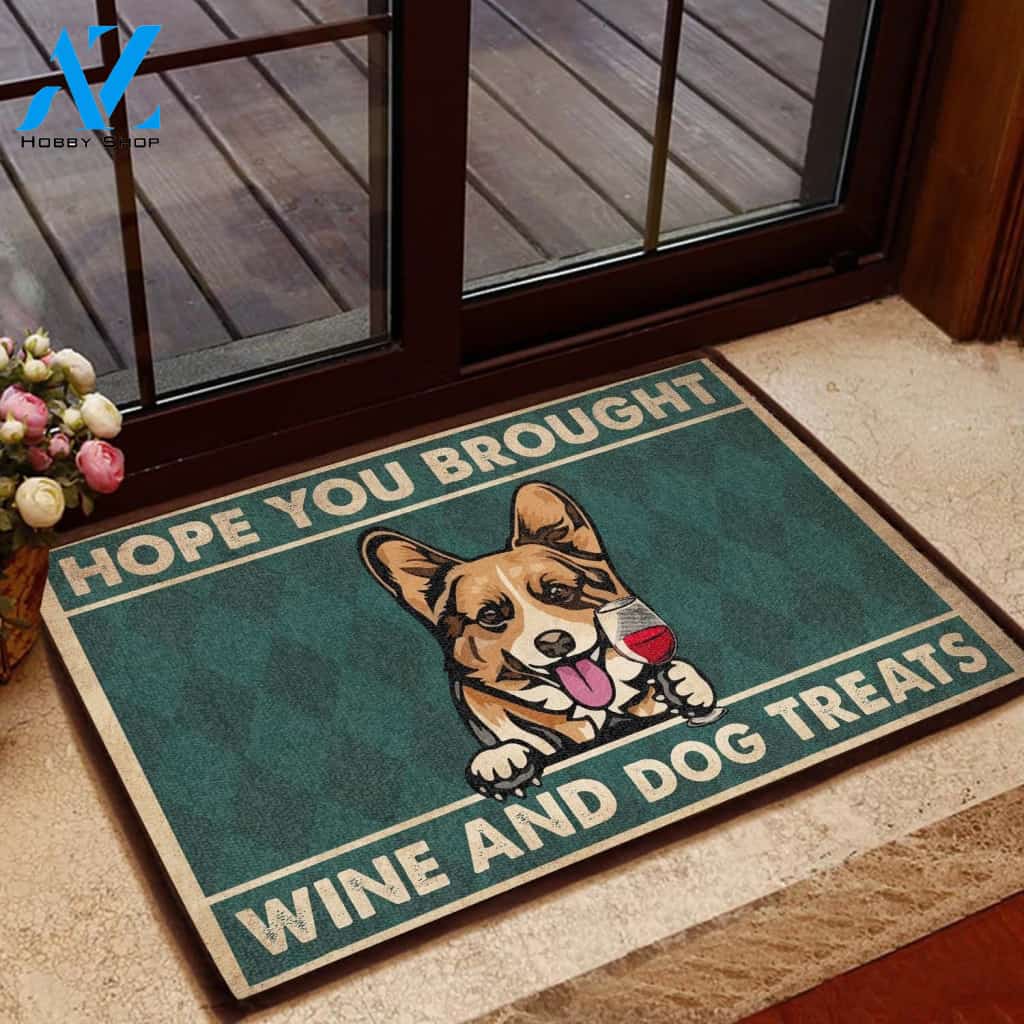 CORGI – HOPE YOU BROUGHT WINE & DOGS TREATS ALL OVER PRINTING DOORMAT