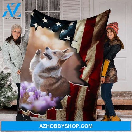 Corgi Premium Blanket Behind The Flag Fleece Blanket