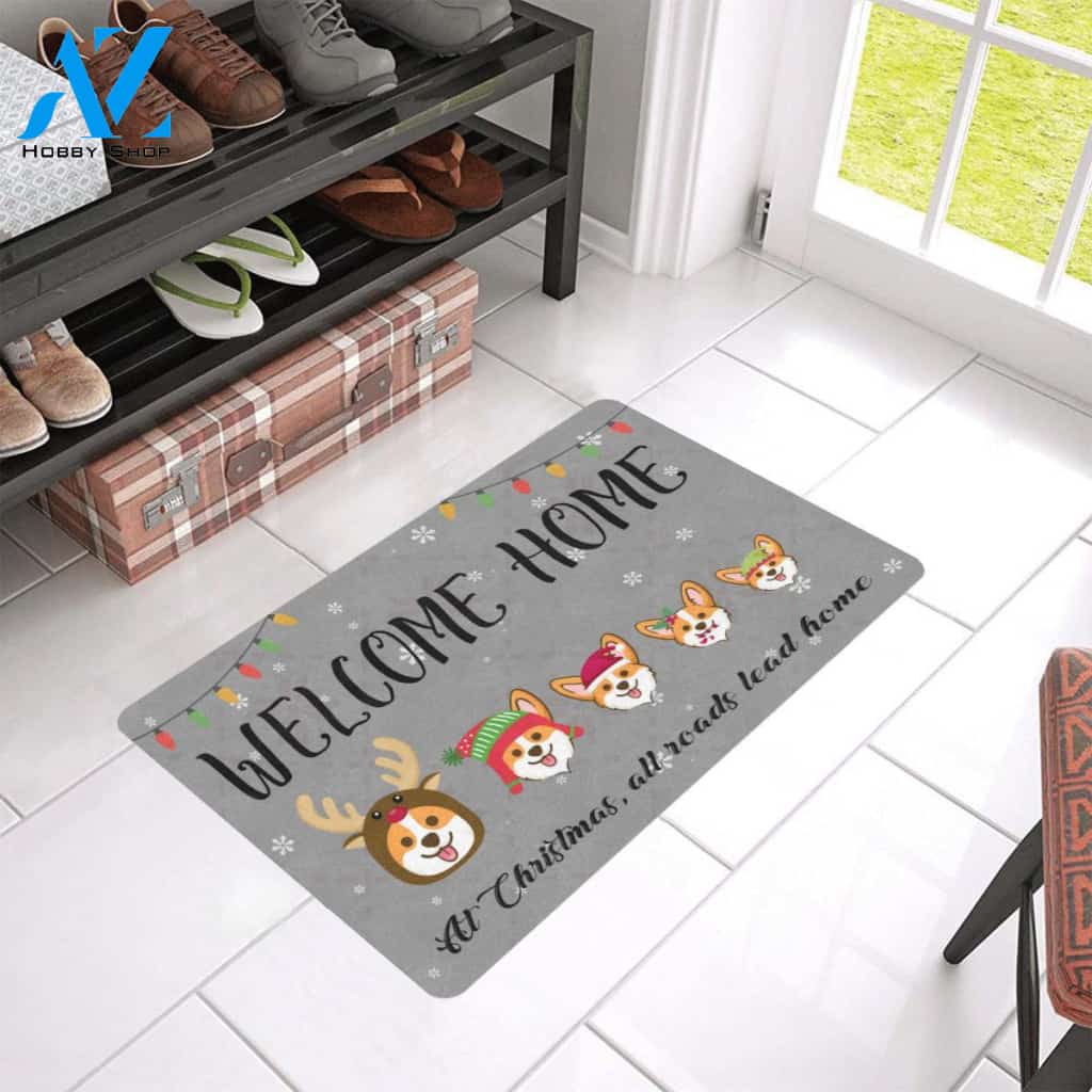 Corgi Welcome Home At Christmas All Roads Lead Home Doormat Welcome Mat Housewarming Gift Home Decor Funny Doormat Gift For Dog Lovers Gift For Christmas