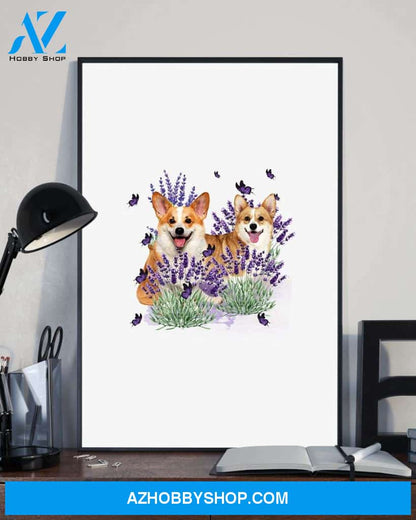 Corgi with lavender flower poster