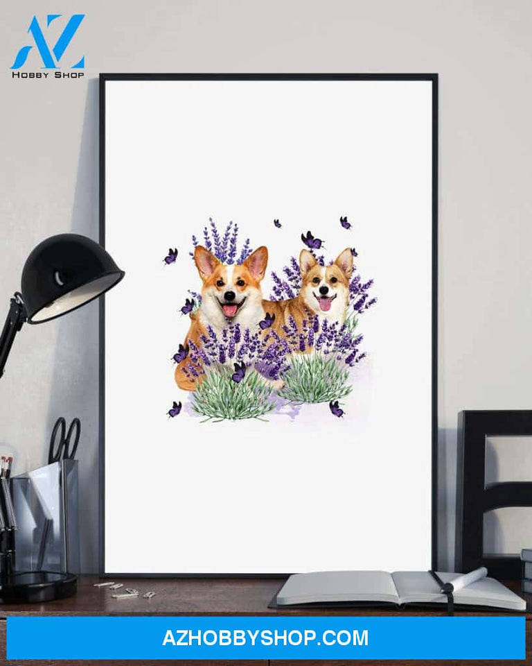 Corgi with lavender flower poster