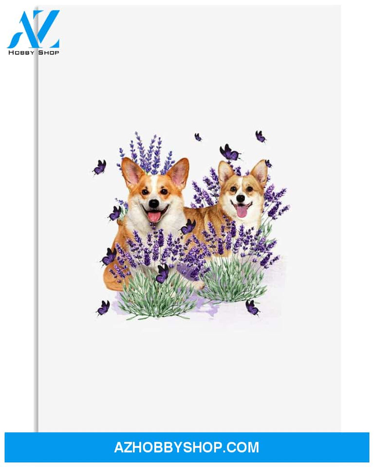 Corgi with lavender flower poster