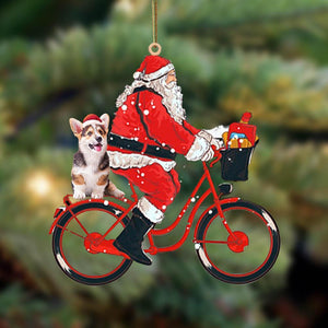 Santa Claus riding a bike with Corgi (2)-Two Sided Ornament