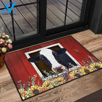 Country Style Cow And Sunflower Barn Personalized Doormat Rug Housewarming Gift Family Welcome Mat Custom Funny Birthday New Year Holstein