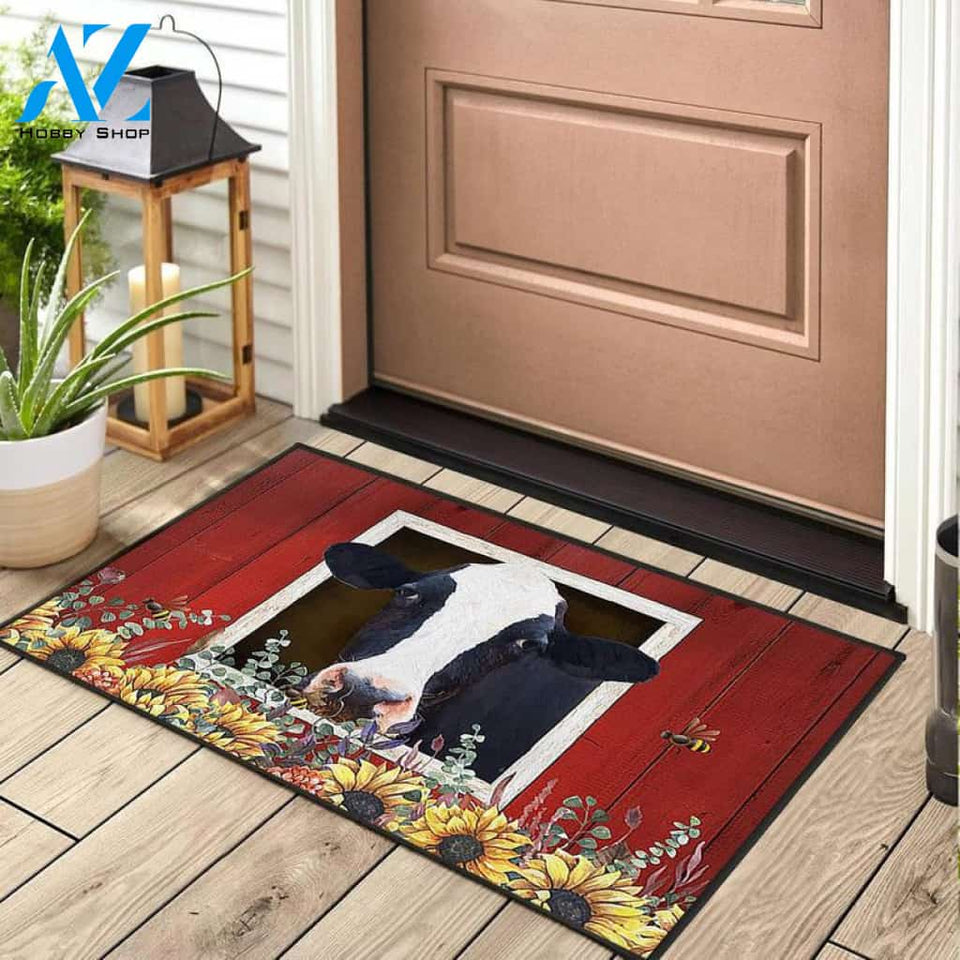 Country Style Cow And Sunflower Barn Personalized Doormat Rug Housewarming Gift Family Welcome Mat Custom Funny Birthday New Year Holstein