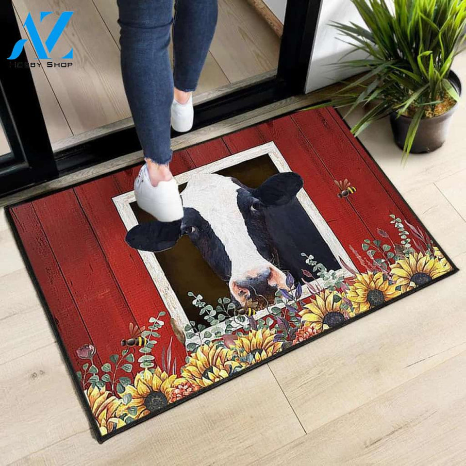 Country Style Cow And Sunflower Barn Personalized Doormat Rug Housewarming Gift Family Welcome Mat Custom Funny Birthday New Year Holstein