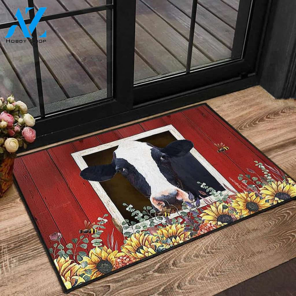 Country Style Cow And Sunflower Barn Personalized Doormat Rug Housewarming Gift Family Welcome Mat Custom Funny Birthday New Year Holstein