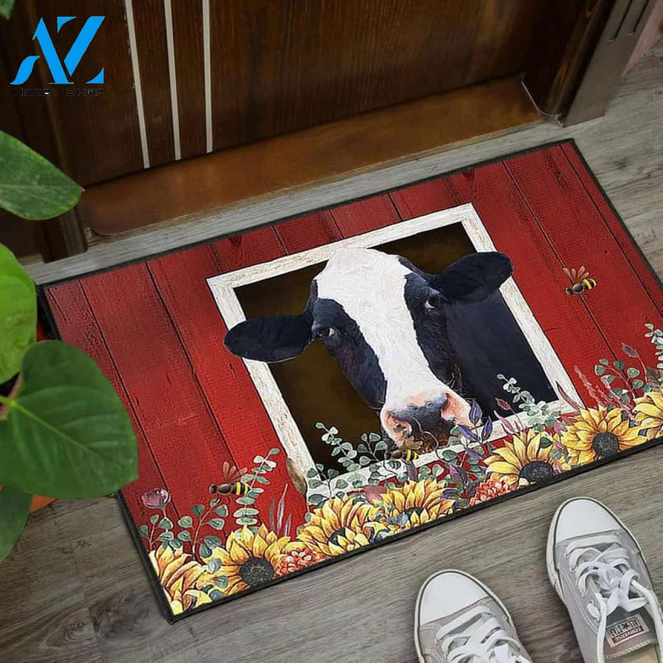 Country Style Cow And Sunflower Barn Personalized Doormat Rug Housewarming Gift Family Welcome Mat Custom Funny Birthday New Year Holstein