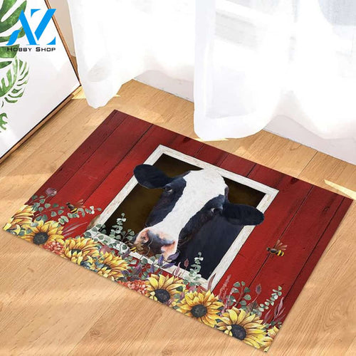 Country Style Cow And Sunflower Barn Personalized Doormat Rug Housewarming Gift Family Welcome Mat Custom Funny Birthday New Year Holstein