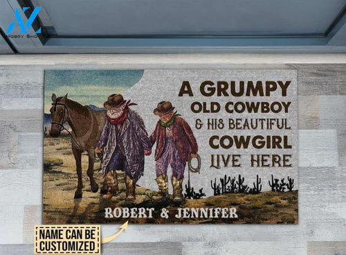Couple Cowboy Welcome Mat, Personalized Cowboy And Cowgirl Live Here Customized Doormat, Home Decor