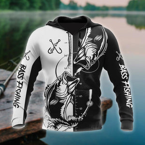 Fishing Gifts Bass Fishing Tattoo The Rule Black White US Unisex Size Hoodie