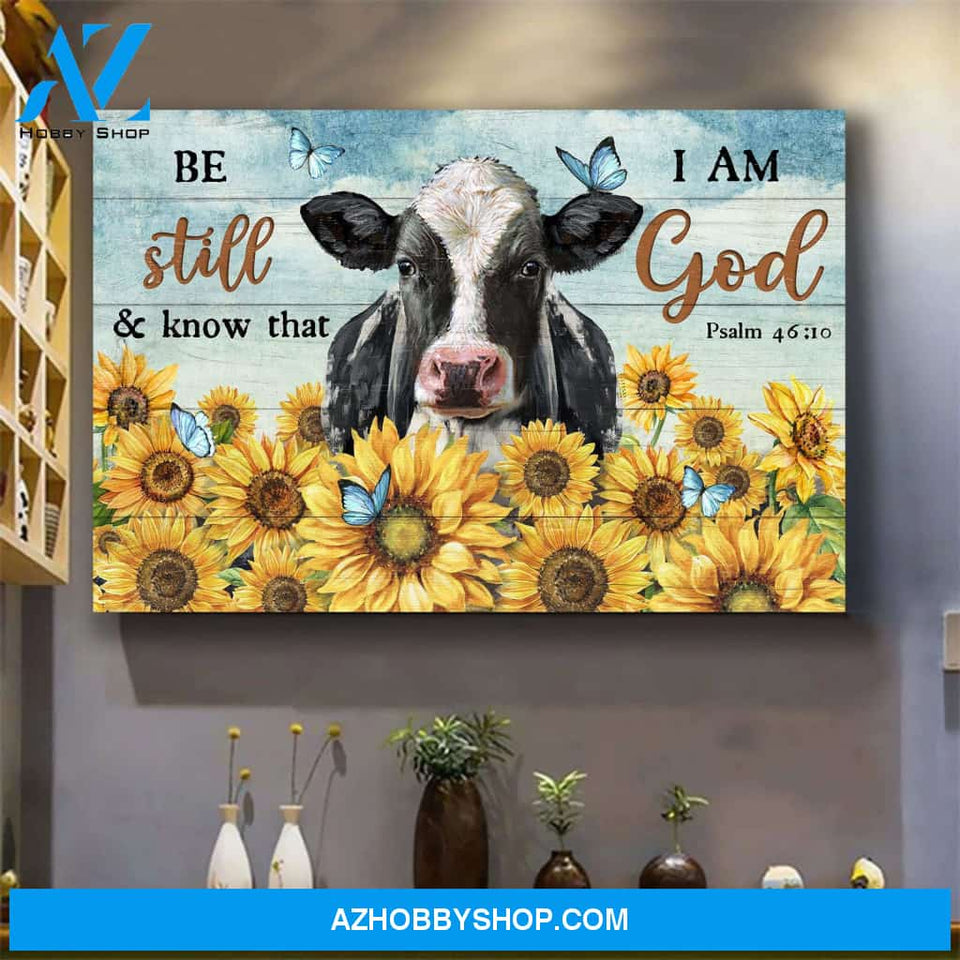 Cow and sunflower field - Be still and know that I am God - Jesus Landscape Canvas Prints, Wall Art