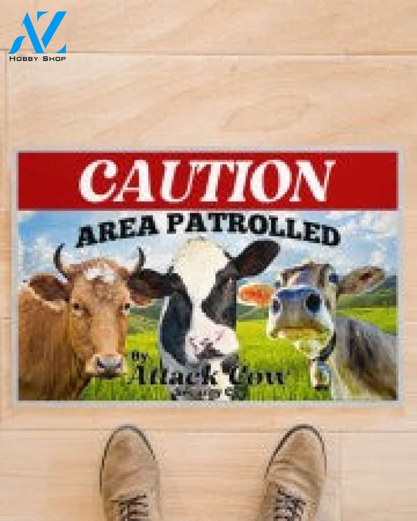 Cow Caution Area Patrolled By Attack Security Doormat