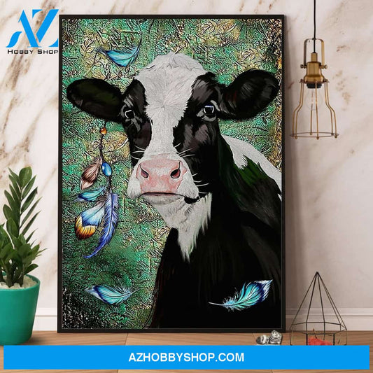 Cow Face Feather Vintage Canvas And Poster, Wall Decor Visual Art