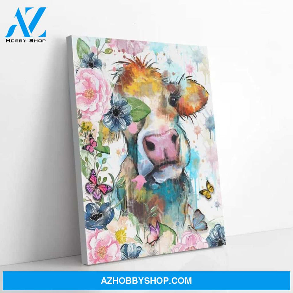 Cow Face Flower Water Color Vintage Canvas - Wall Decor Visual Art