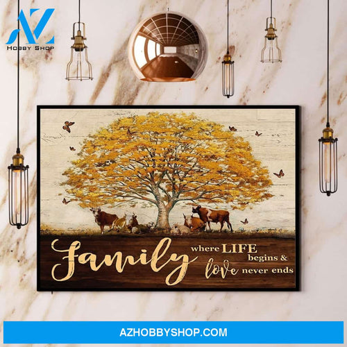 Cow Family Where Life Begins And Love Never Ends Canvas And Poster, Wall Decor Visual Art