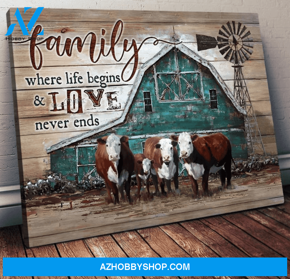 Cow Farm Premium Canvas Wall Art, Wall Decor Visual Art - Where Life Begins And Love Never Ends Premium Canvas