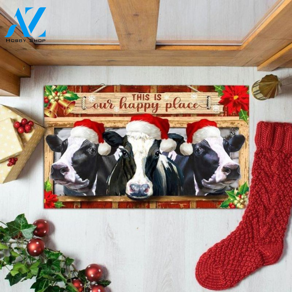 Cow Heifer Farming Life Merry Christmas Cattle Farm Our Happy Place Dairy Indoor And Outdoor Doormat Housewaring Welcome Mat Gift For Friend Family
