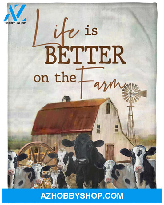 Cow Life Is Better On The Farm Fleece Blanket, Gift For Cow Lovers Gift For Family Friend Home Decor Bedding Couch Sofa Soft And Comfy Cozy