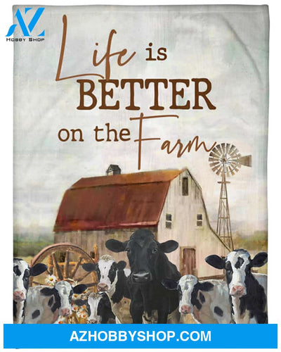 Cow Life Is Better On The Farm Fleece Blanket, Gift For Cow Lovers Gift For Family Friend Home Decor Bedding Couch Sofa Soft And Comfy Cozy