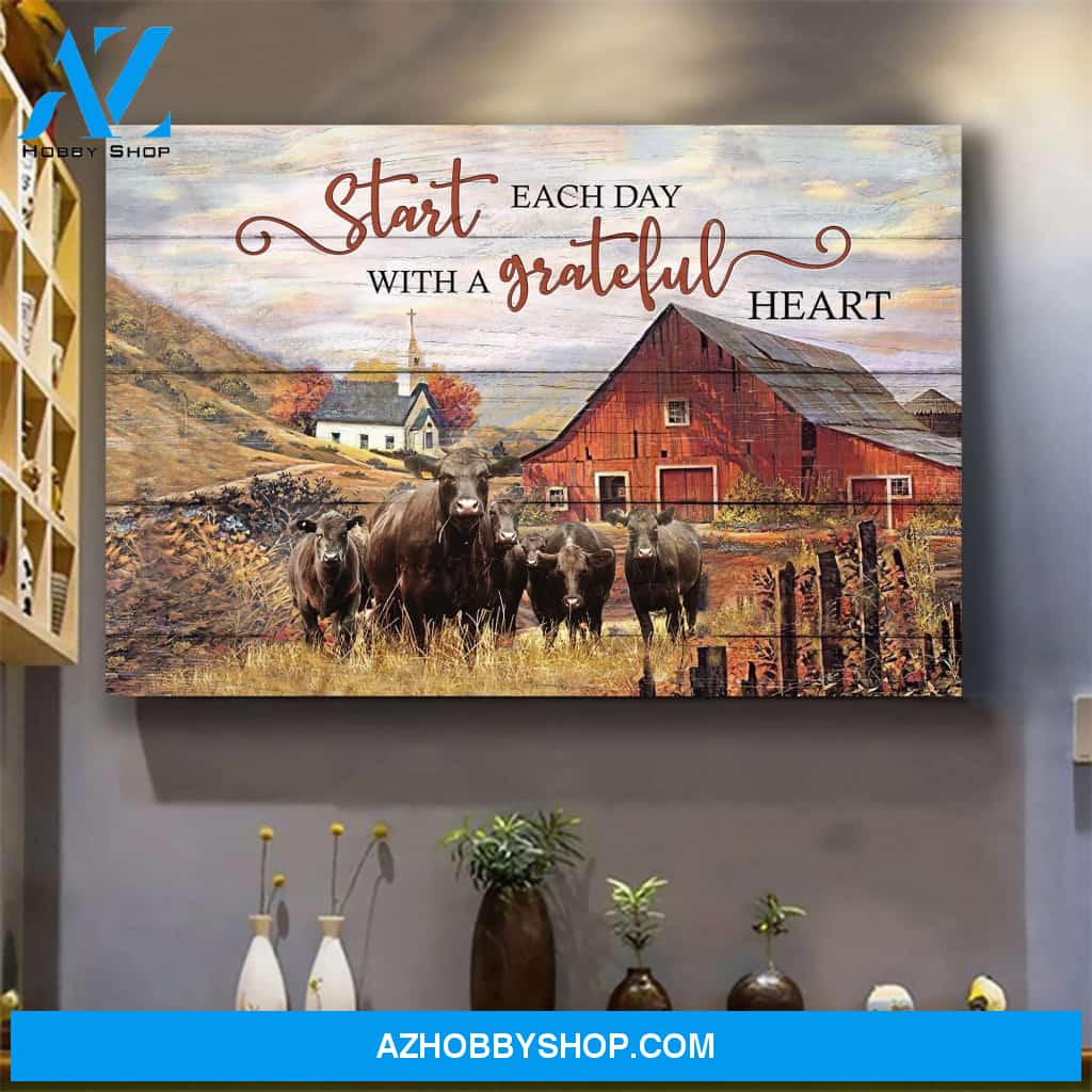 Cow on Farm, Start Each Day With a Grateful Heart Jesus Canvas Poster Wall Art Prints, Farmhouse Decor